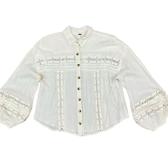 Free people Lantern Sleeve Ivory Lace Trim Blouse  S - Picture 1 of 7